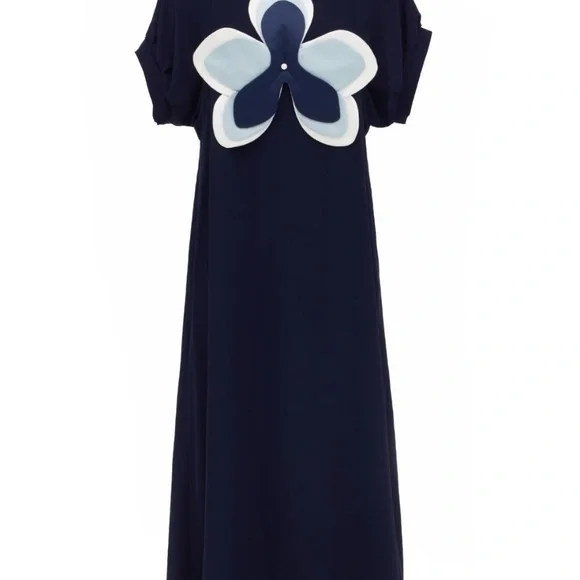 Silky Touch Midi Dark Blue Dress With Handmade Floral Appliqué - Picture 2 of 2